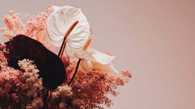 Group of tropical spadix flowers and dried filler material displayed against a soft background