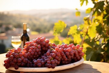 Naklejka premium Red grapes and white wine on a table, overlooking a scenic vineyard at sunset