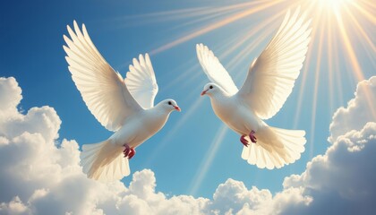 Obraz premium Two white doves fly gracefully in a clear blue sky, with vibrant light shining down. The doves' wings spread wide, creating a serene and peaceful scene.