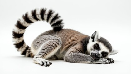 Obraz premium A sleeping lemur rests peacefully on a surface. The lemur's striped tail curls around while it enjoys its rest.