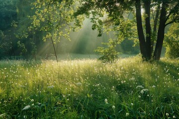 Obraz premium Sunbeams shining through trees on a field of wildflowers in a forest