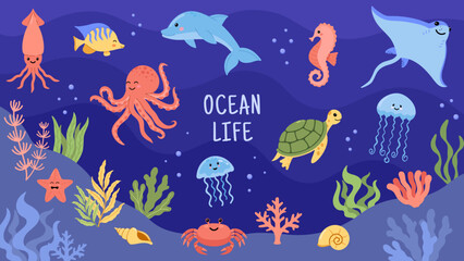 Cute ocean life marine animals collection with dolphin octopus turtle jellyfish seahorse crab stingray squid fish coral seaweed flat cartoon vector illustration set on blue background © Karina