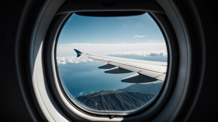 Fototapeta premium A view of the wing of an airplane from a window, great for travel or transportation themes