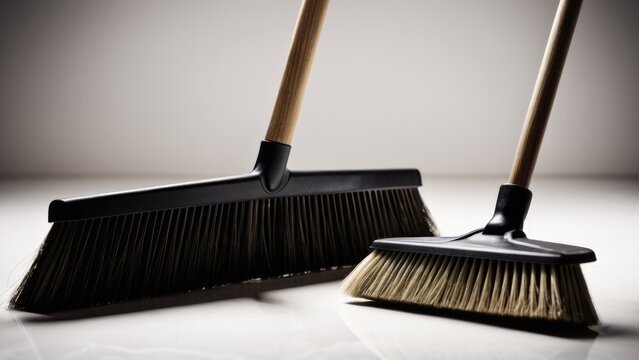 Two brooms sit together, awaiting use