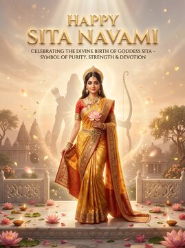 Woman in golden sari celebrating sita navami with flowers and temple background