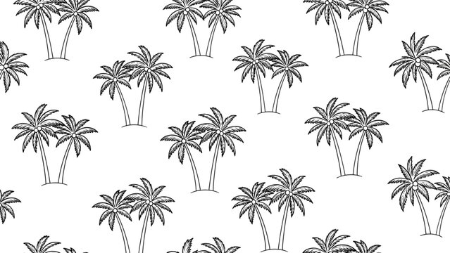 Seamless repeating pattern of black and white hand drawn sketches of tropical palm trees on a white background.