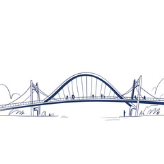 Fototapeta premium A minimalist blue line drawing depicts a suspension bridge with people walking across it over water