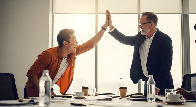 Modern Startup Success Achieving High Fives In a Bright Office Meeting Room Celebrating Accomplishments and Teamwork With Colleagues 120chars