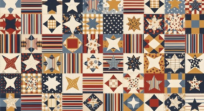 Vibrant patchwork quilt with star and stripe patterns