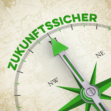 Gr&uuml;ner Kompass zeigt auf Schriftzug &bdquo;Zukunftssicher&ldquo; als Konzept