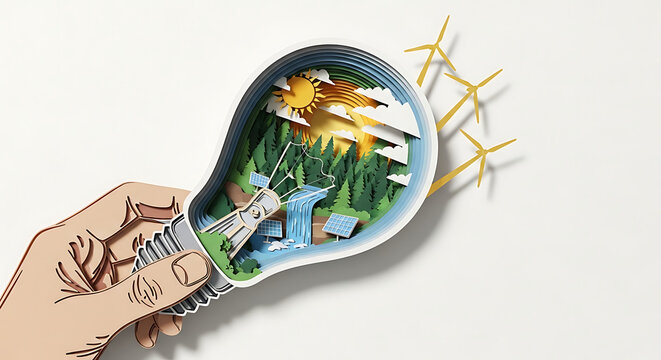 Hand holds light bulb with forest, waterfall and windmills