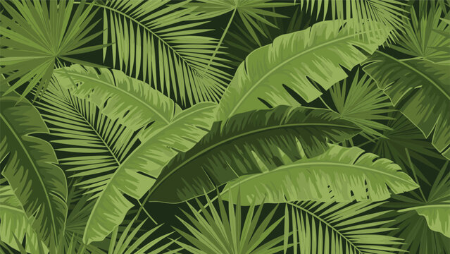 Lush tropical pattern with various green palm and banana leaves creating a dense jungle foliage background for summer fabric prints.