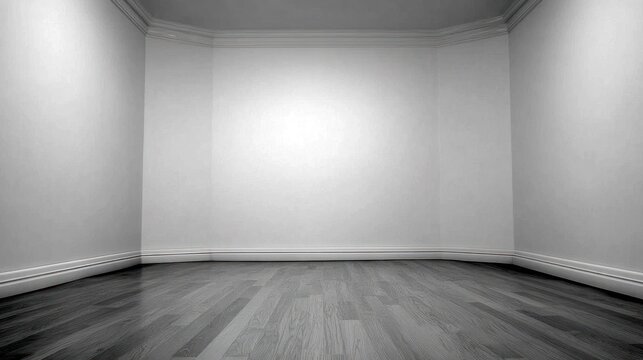 Interior space illuminated by focused lighting highlights stark white walls and dark wood flooring.