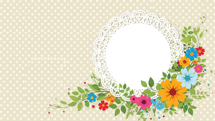 Fototapeta premium Delicate white lace doily frame surrounded by a vibrant arrangement of multicolored flowers on a polka dot background.