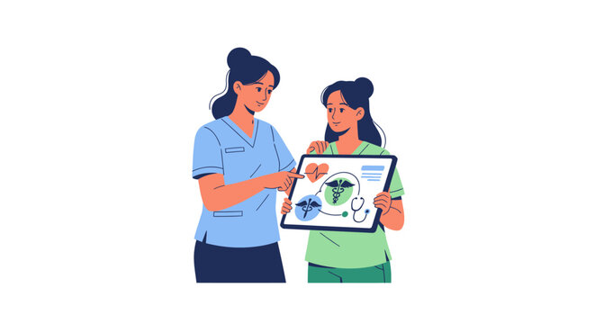 Female Medical Professionals Discussing Healthcare Data on Digital Tablet - Modern Medicine Technology & Teamwork Illustration