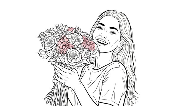 Young woman smiling while holding a bouquet of flowers  