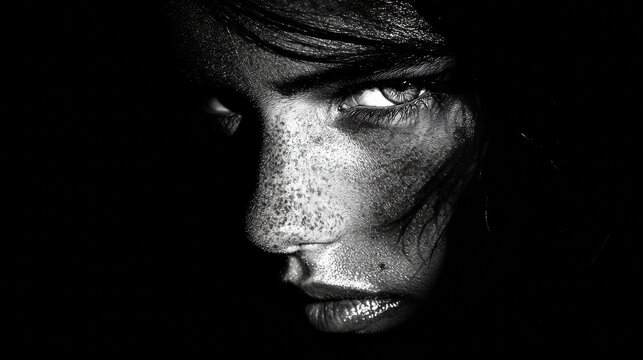 A dramatic close up shot in black and white unveils a young woman's face with striking eyes and freckles emerging from the darkness, creating a sense of mystery.