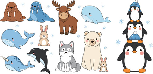 Cute Arctic Animals Cartoon Set with Penguin Polar Bear Whale Seal Walrus Moose and More Winter Wildlife Characters for Kids Illustration Design © MdMojnu