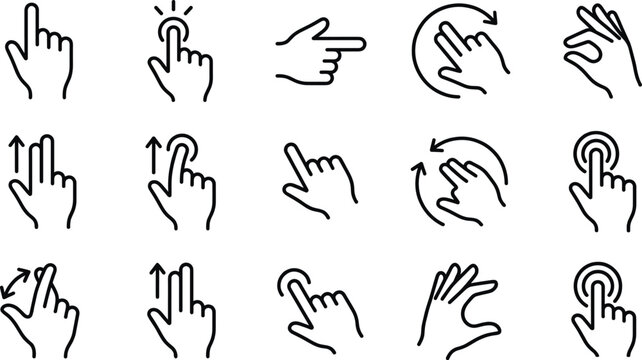 Touch Gesture Line Icon Set Featuring Tap, Swipe, Rotate, Multi Finger, Navigation, and Mobile Interaction Symbols for UI, UX, and App Design
