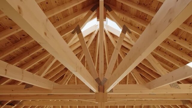 Wooden roof structure with beams and rafters