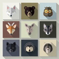 Naklejka premium Collection of Flat Design Forest Animal Icons Featuring Fox, Bear, Deer, Owl, Rabbit, Wolf, Hedgehog, Squirrel, and Raccoon in a Grid Layout