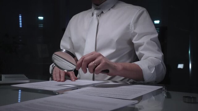 Person examining a document using a magnifying glass, focusing on fine print and terms in a legal agreement, working late. Audit and overworking concepts
