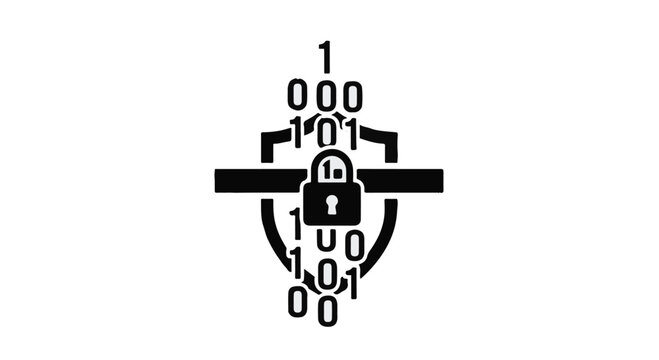 Digital security shield with padlock and binary code