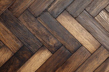 Fototapeta premium A rich textured close-up of dark and light brown wooden planks laid in a classic herringbone pattern creating a warm and rustic floor design