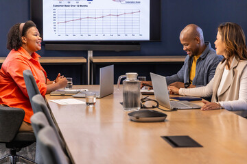Diverse team meeting around long table in boardroom in business casual with laptops, speaker, chart