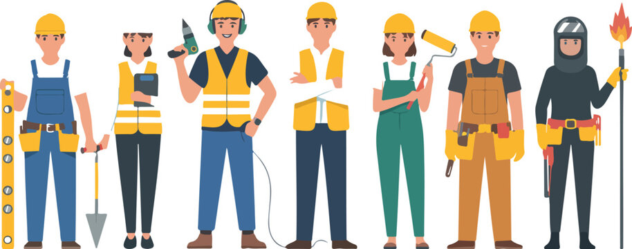 Construction profession character set with male and female builders wearing helmets and safety vests working industry vector illustration