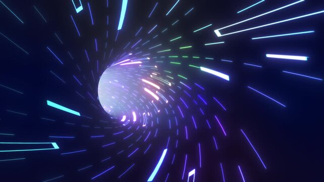 Neon illuminating rays moving inside computerised technological tunnels