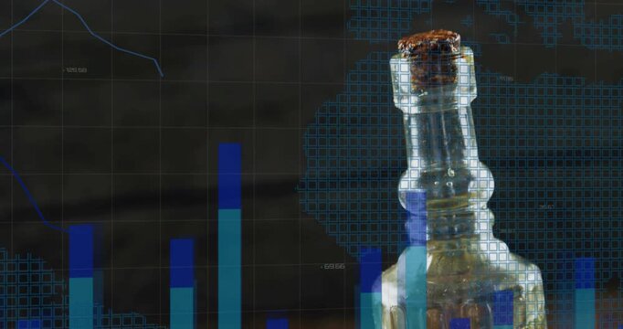 Tall glass bottle on right, camera moving down revealing yellow liquid, rising charts for food ads
