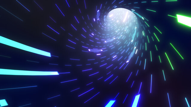 Neon illuminating rays moving inside computerised technological tunnels