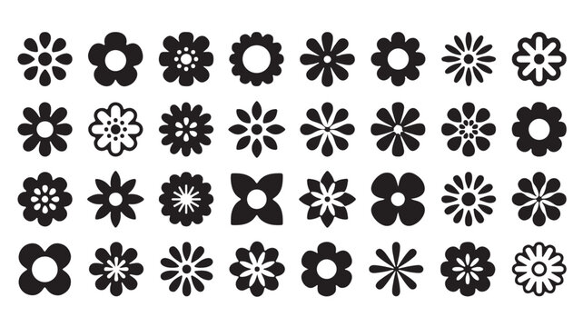 Black flower icons, floral symbols, vector graphics, 25 flower shapes