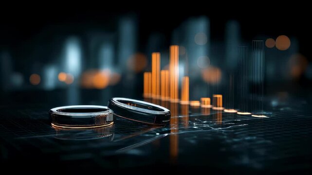 3D infographics for business presentation with neon glowing charts, bars and pie diagrams.
