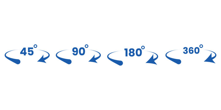 Blue arrows with degree symbols for rotation angles  45 to 360 degrees  rotation icons