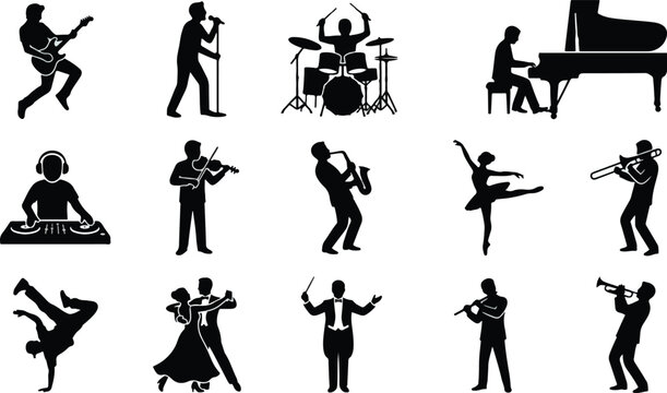 Multiple human figures are depicted in silhouette form performing various artistic activities and playing musical instruments on a plain white background.