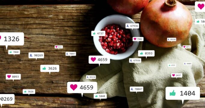 Publishing food post sparking animated reactions and counts clustering around bowl for marketing