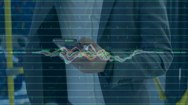 Man swiping phone on train, driving finance chart peaking then settling while tracking stocks