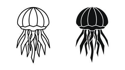 Contrast between a white and black jellyfish illustration with long trailing tendrils © MSTMURSHIDA