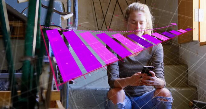 Seated woman tapping phone in studio, magenta slatted AR overlay expanding, partly occluding face