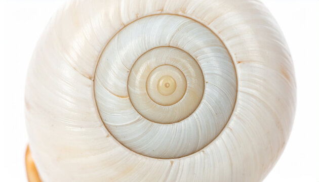 Extreme close up of a white snail shell spiral with subtle cream and beige tones