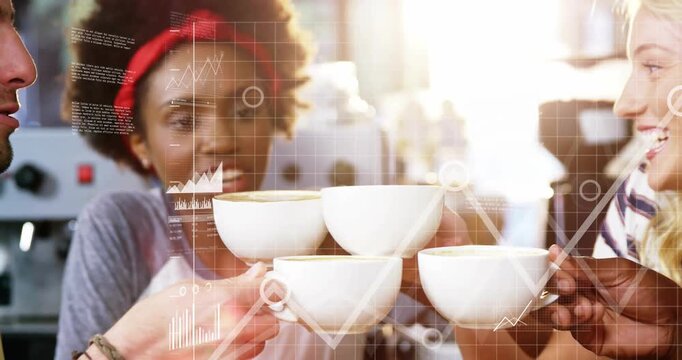 Team bringing cups together at cafe, forming stack while HUD charts flowing over cups and faces
