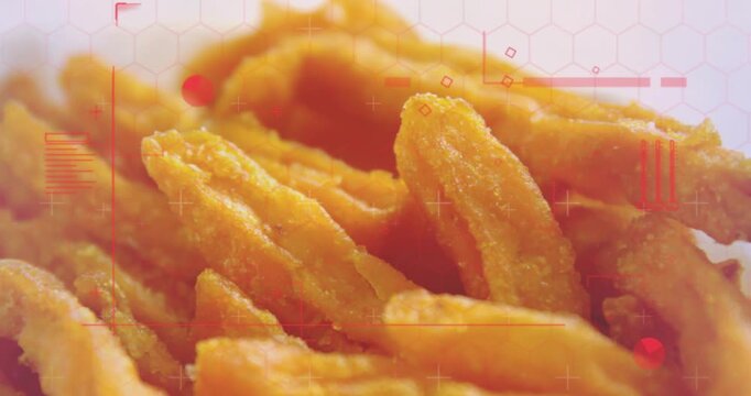 Golden fried strips shifting focus from camera pull, animated red HUD showing snack for food ads