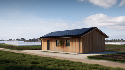 Obraz premium Modern wooden building with solar panels on roof next to agricultural greenhouses in rural landscape, focus on sustainable energy