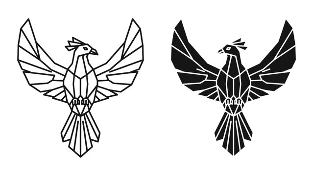 Geometric and monochromatic phoenix illustrations with geometric patterns