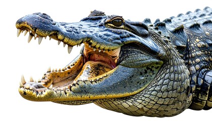 Obraz premium Close-up of a reptile with a large mouth and sharp teeth, showing a detailed texture of scales and skin. Isolated on white background