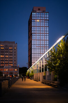 Buildings at night along the waterfront in Brooklyn