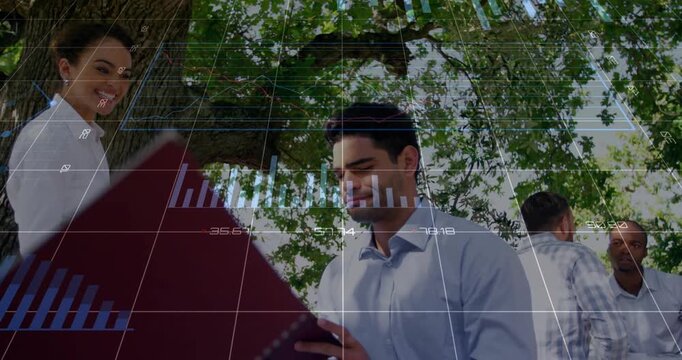 Man flipping red folder pages while reviewing data at outdoor business meeting, HUD showing charts