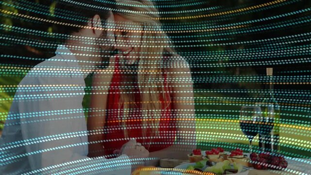 Couple whispering, leaning in at dating table with wine, touching foreheads under dotted overlay